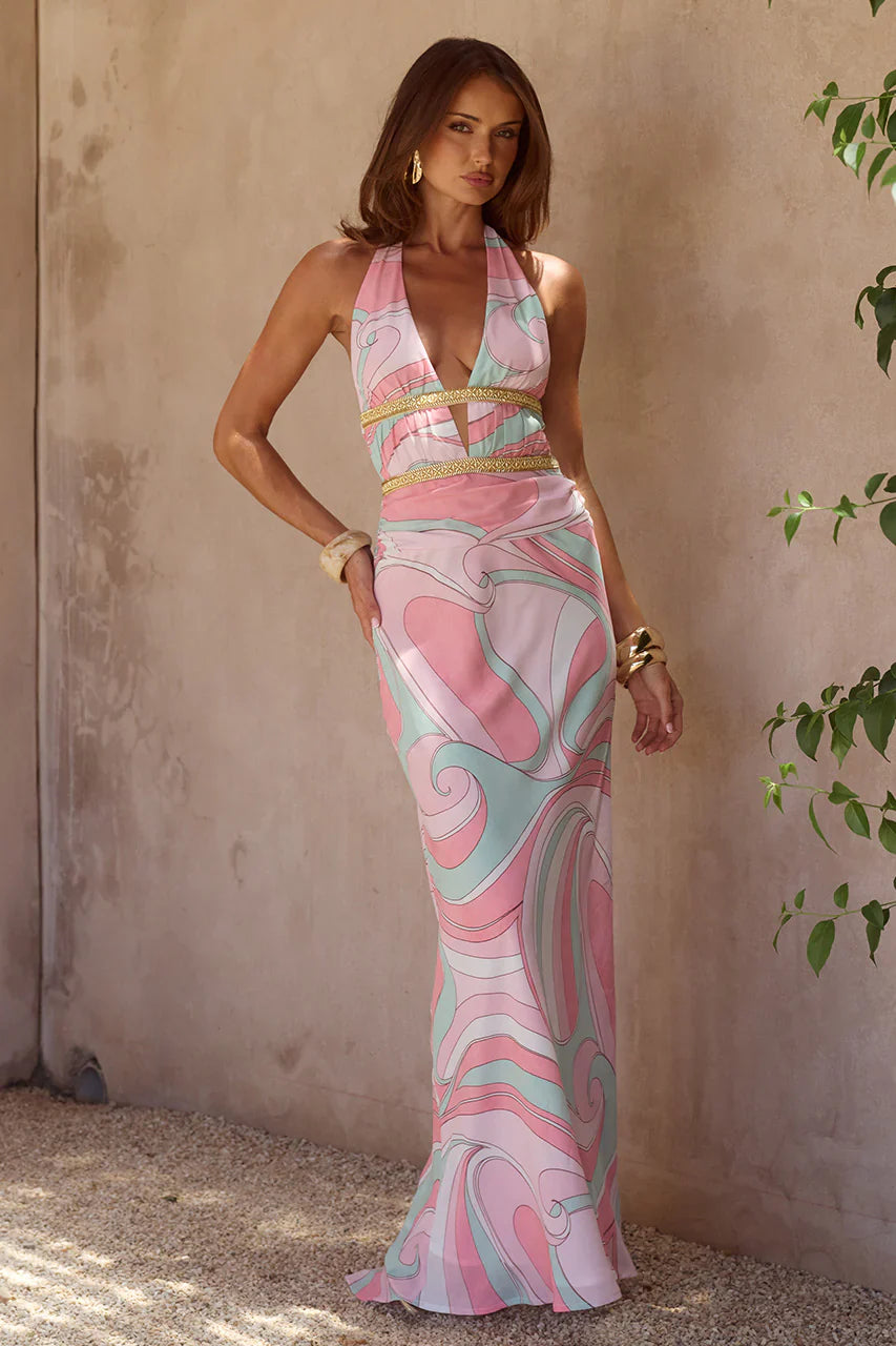 Xylia Halter Low Plunge Maxi Dress Camino Pink