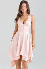 Pink Satin Asymmetric Handkerchief Hem Midi Dress