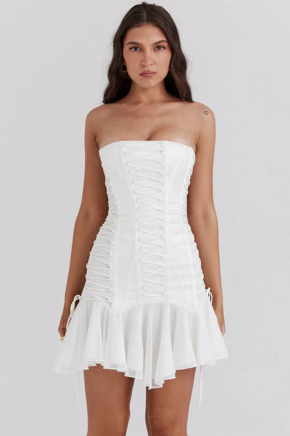 White Strapless Lace Up Mini Dress 73007