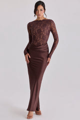 Espresso Brown Lace Satin Draped Maxi Dress