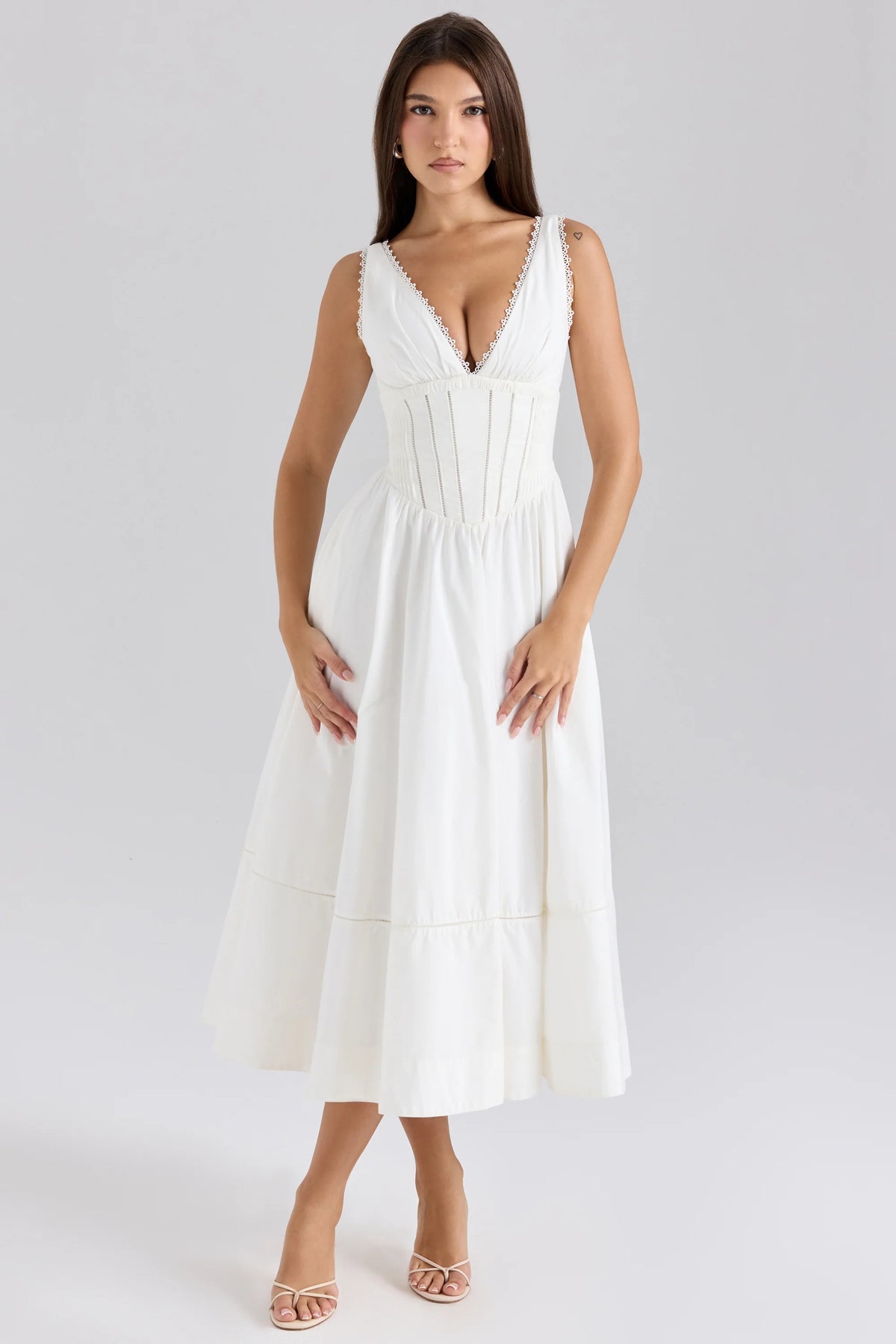 White Stretch Cotton Midi Sundress 28750