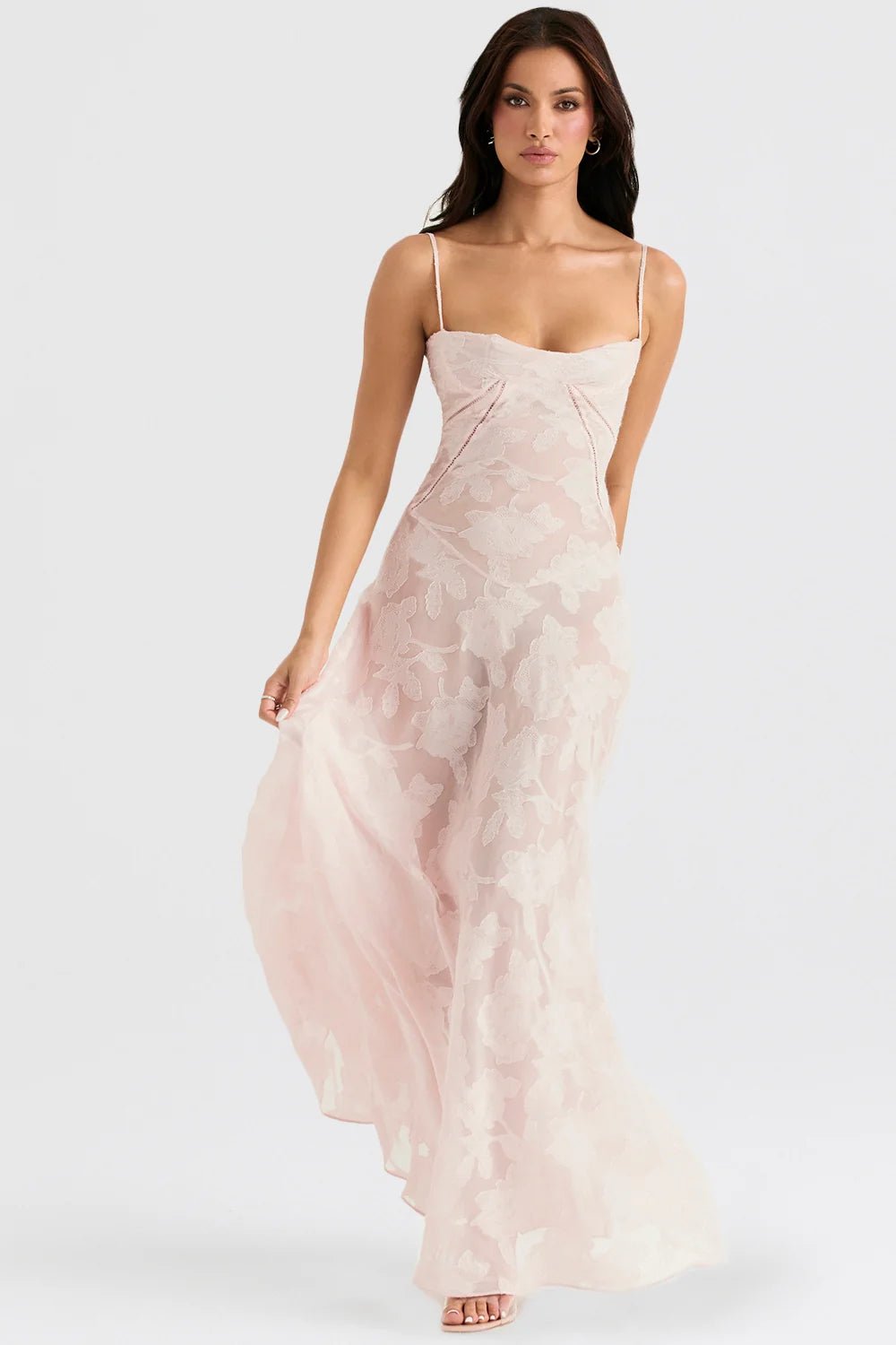 Soft Pink Floral Lace Back Maxi Dress