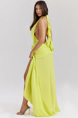 Acid-Lime-Backless-Halter-Maxi-Dress