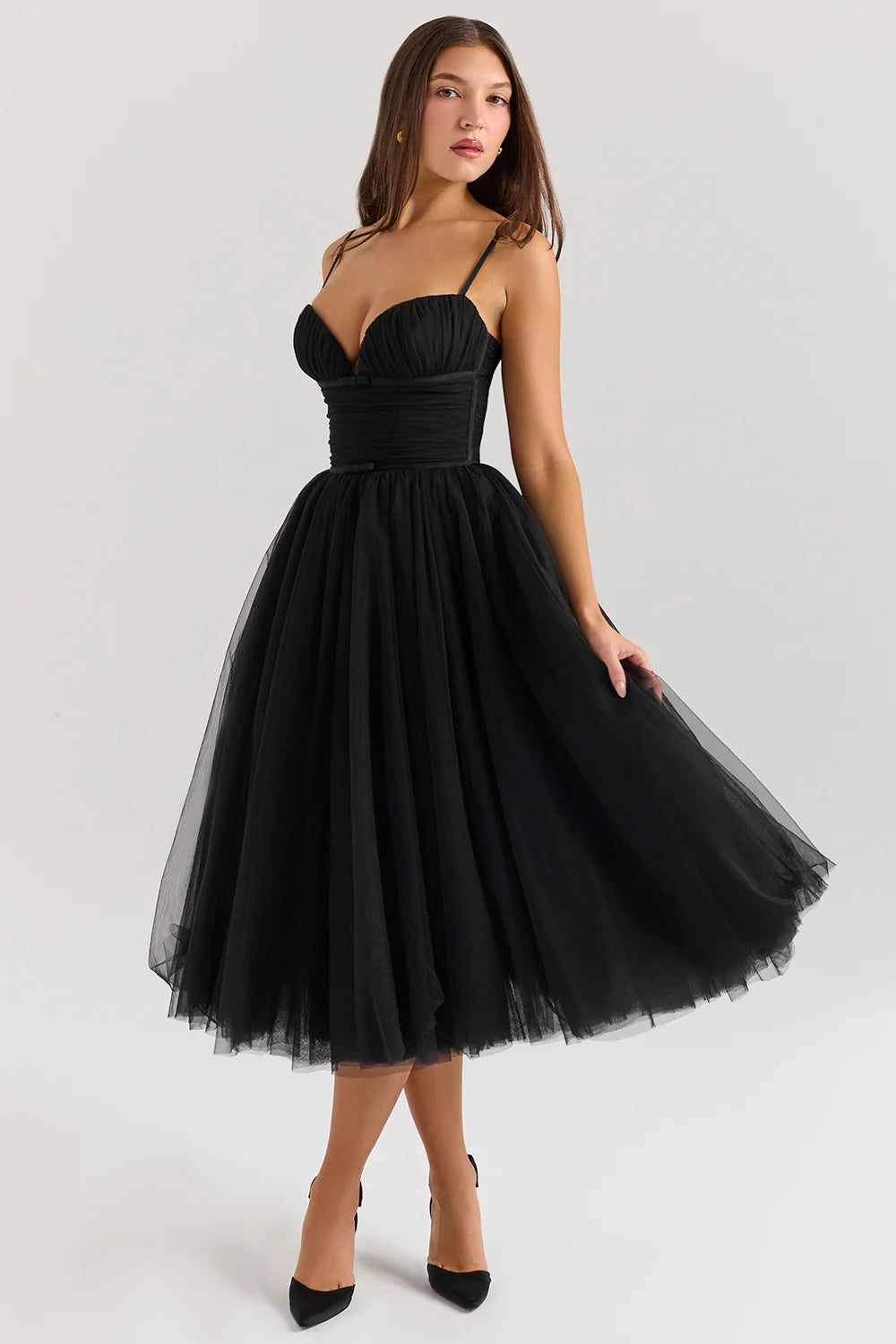 Black Tulle Ruched Bodice Midi Dress Sale