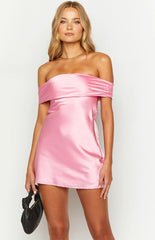 Primrose-Pink-Satin-Off-The-Shoulder-Mini-Dress