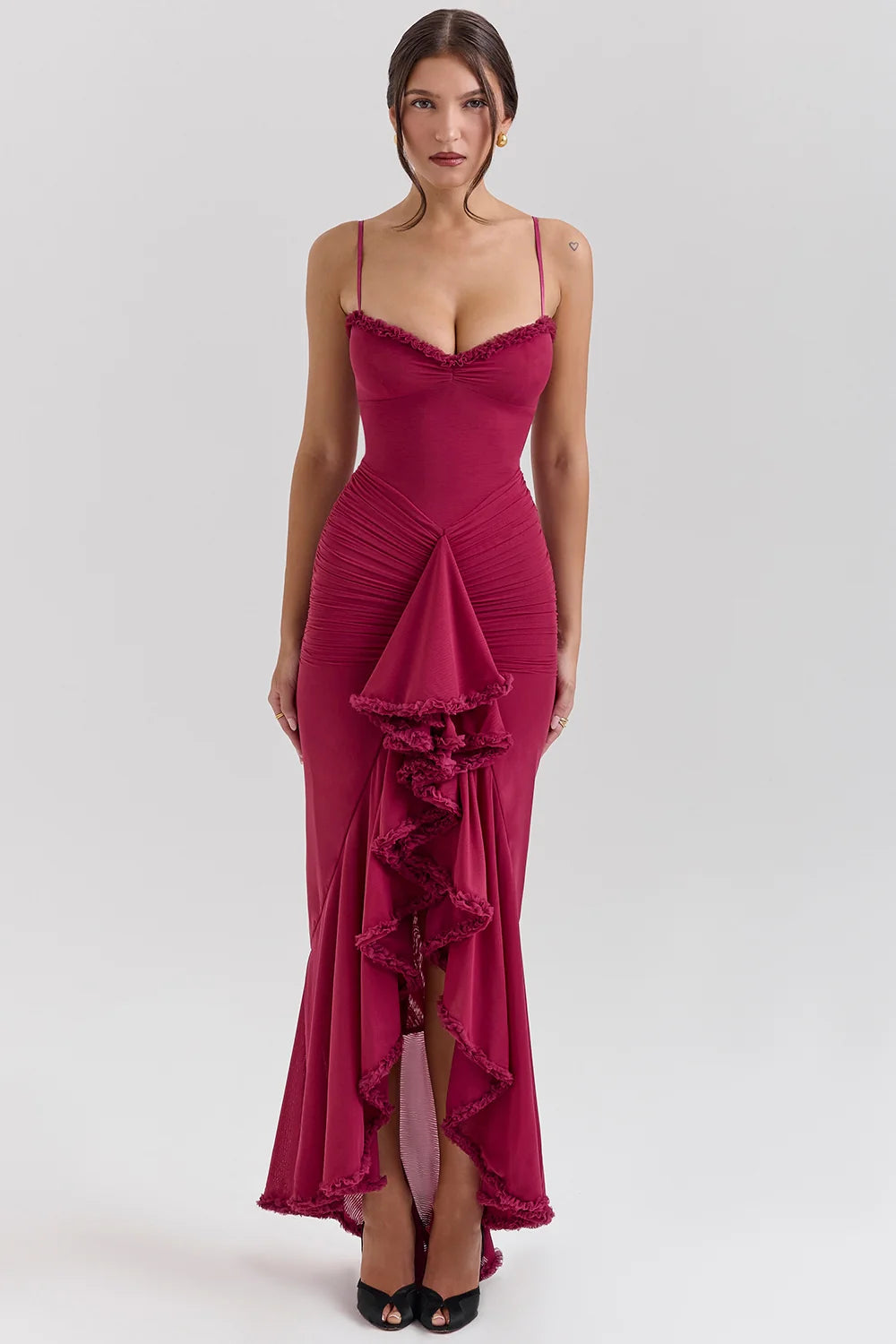 Wine Ruffled Front Gown 33824