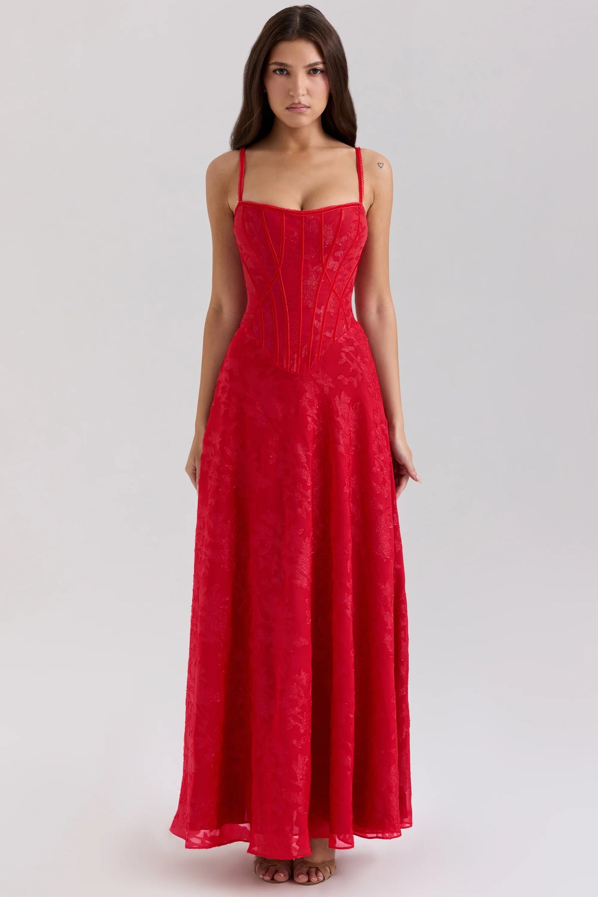 Red Lurex Chiffon Maxi Dress