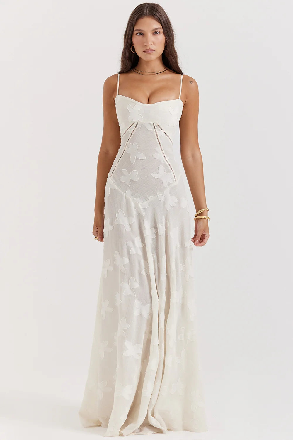 Vintage Cream Floral Lace Back Maxi Dress 49777