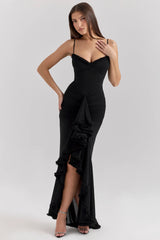 Black Mesh Ruffled Front Gown 58548