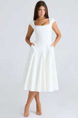 White Square Neck Twill Midi Dress 82510