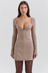 Brown Puppytooth Check Plunge Mini Dress Sale