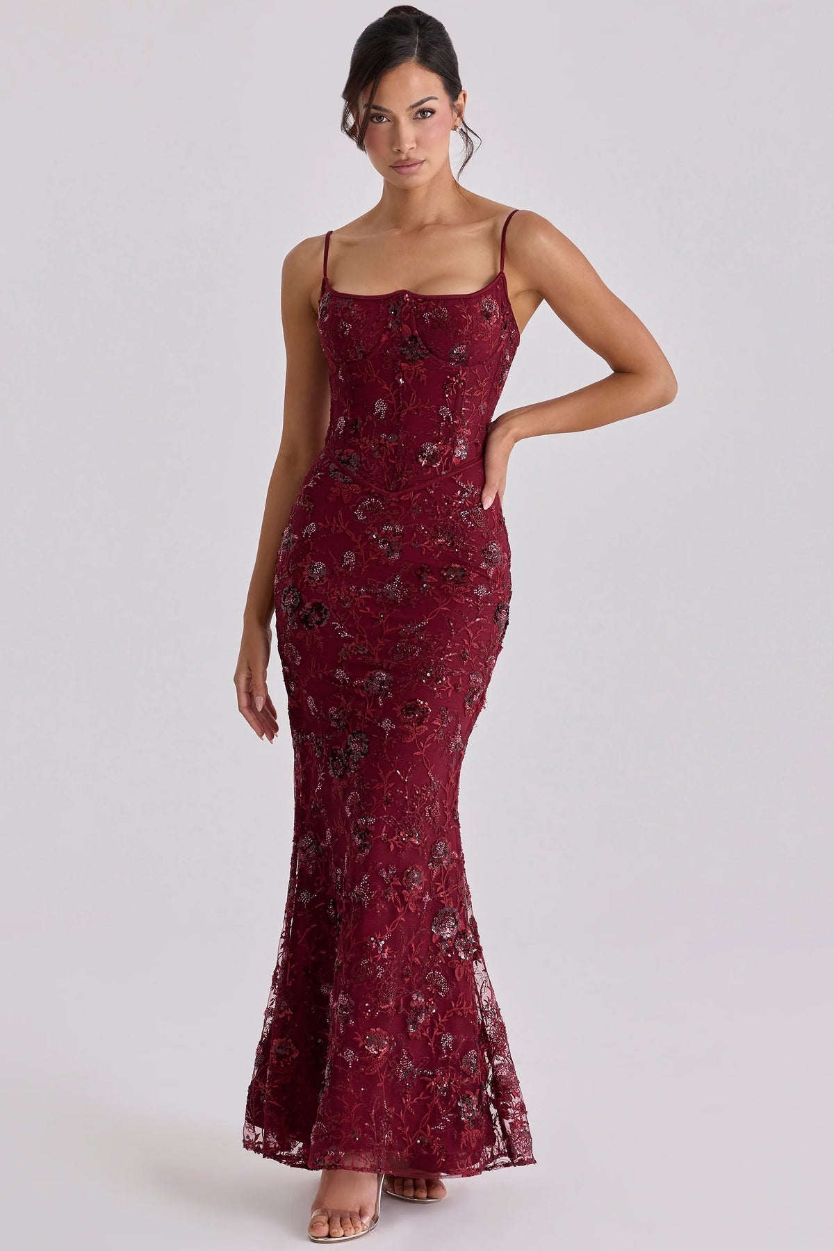 Wine Hand Beaded Embellished Corset Maxi Dress Limited Edition