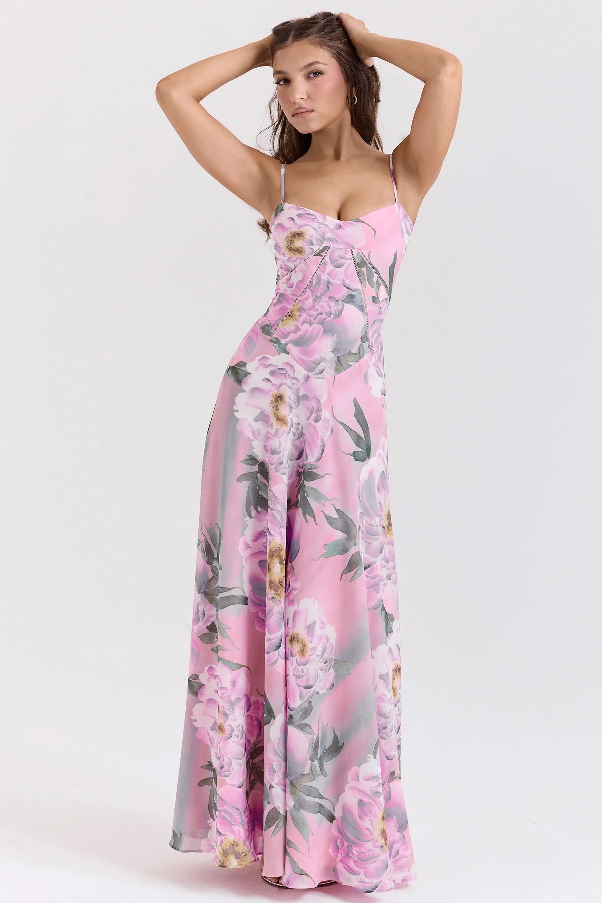 Pink Floral Print Lace Back Maxi Dress 61935