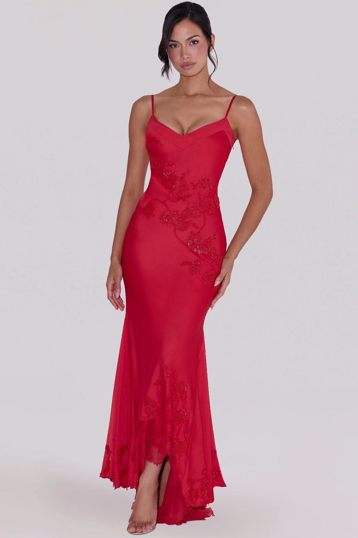 Red Hand Beaded Embellished Satin Maxi Dress Limited Edition
