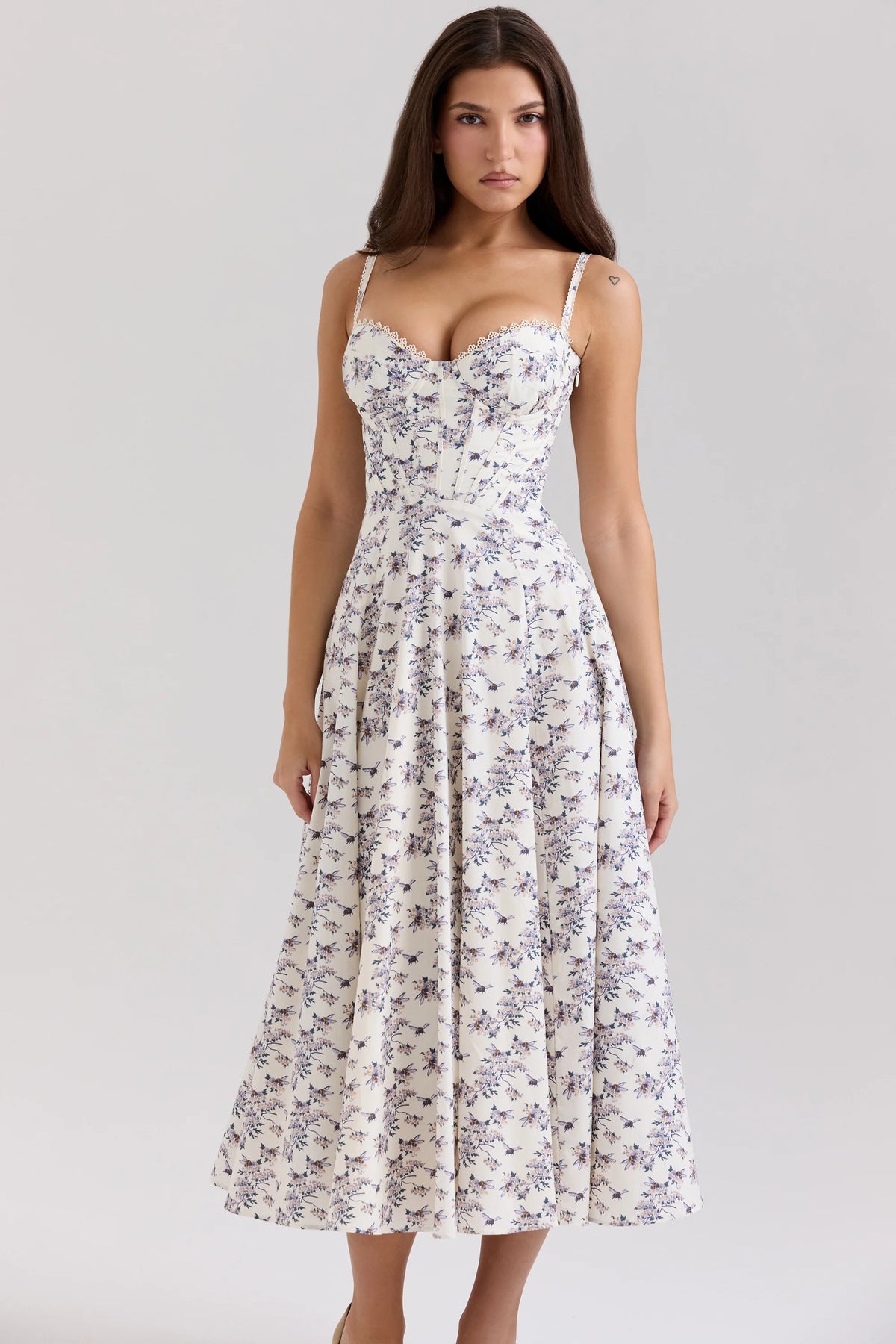 Cream Stretch Cotton Floral Print Midi Sundress
