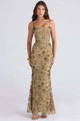 Olive Bronze Hand Beaded Embellished Corset Maxi Dress Limited Edition