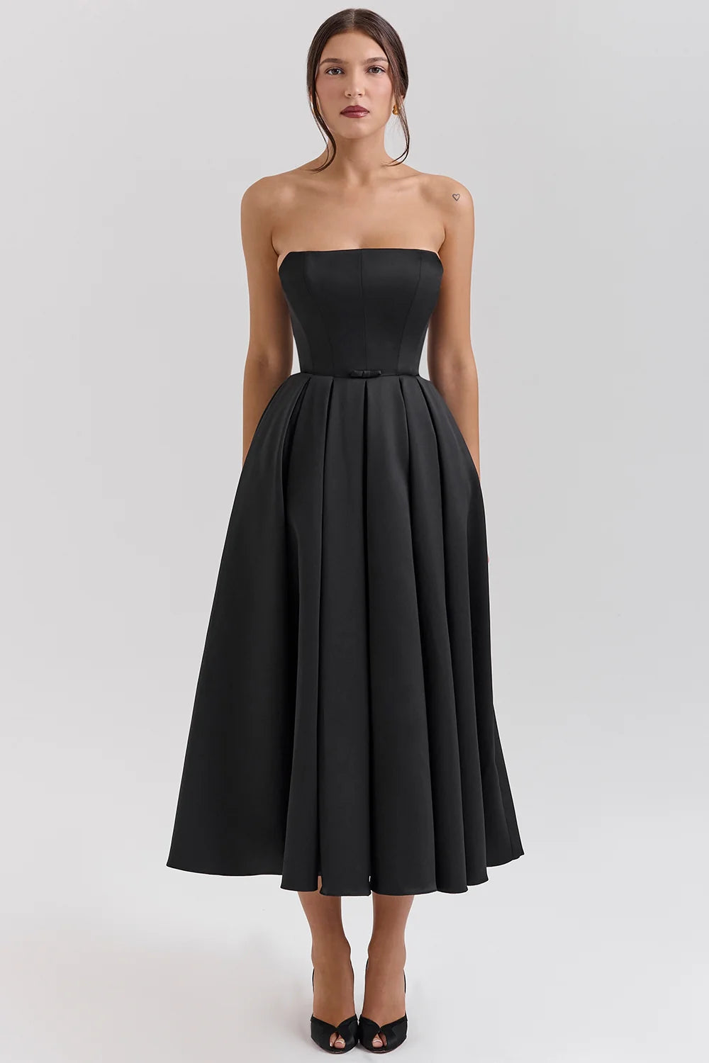 Black Strapless Satin Corset Midi Dress Sale