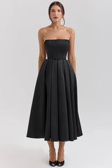Black Strapless Satin Corset Midi Dress Sale