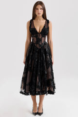 Black Embroidered Tulle Corset Midi Dress