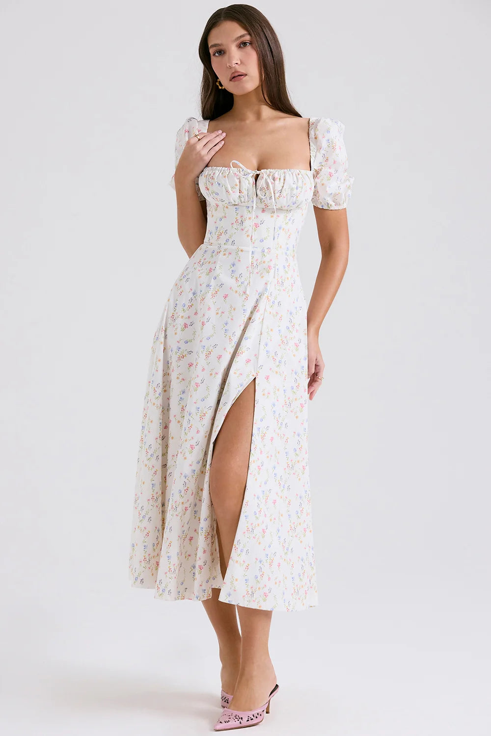 White Posy Print Cotton Puff Sleeve Midi Sundress
