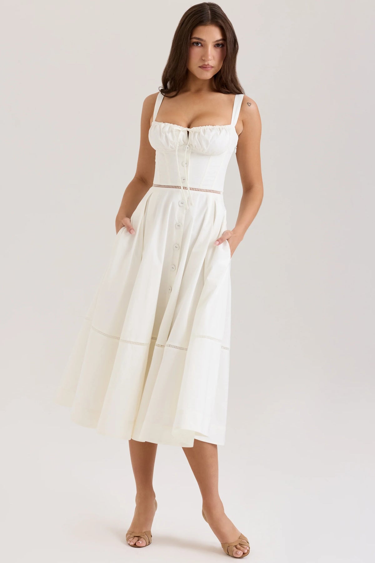 White Cotton Button Front Midi Dress