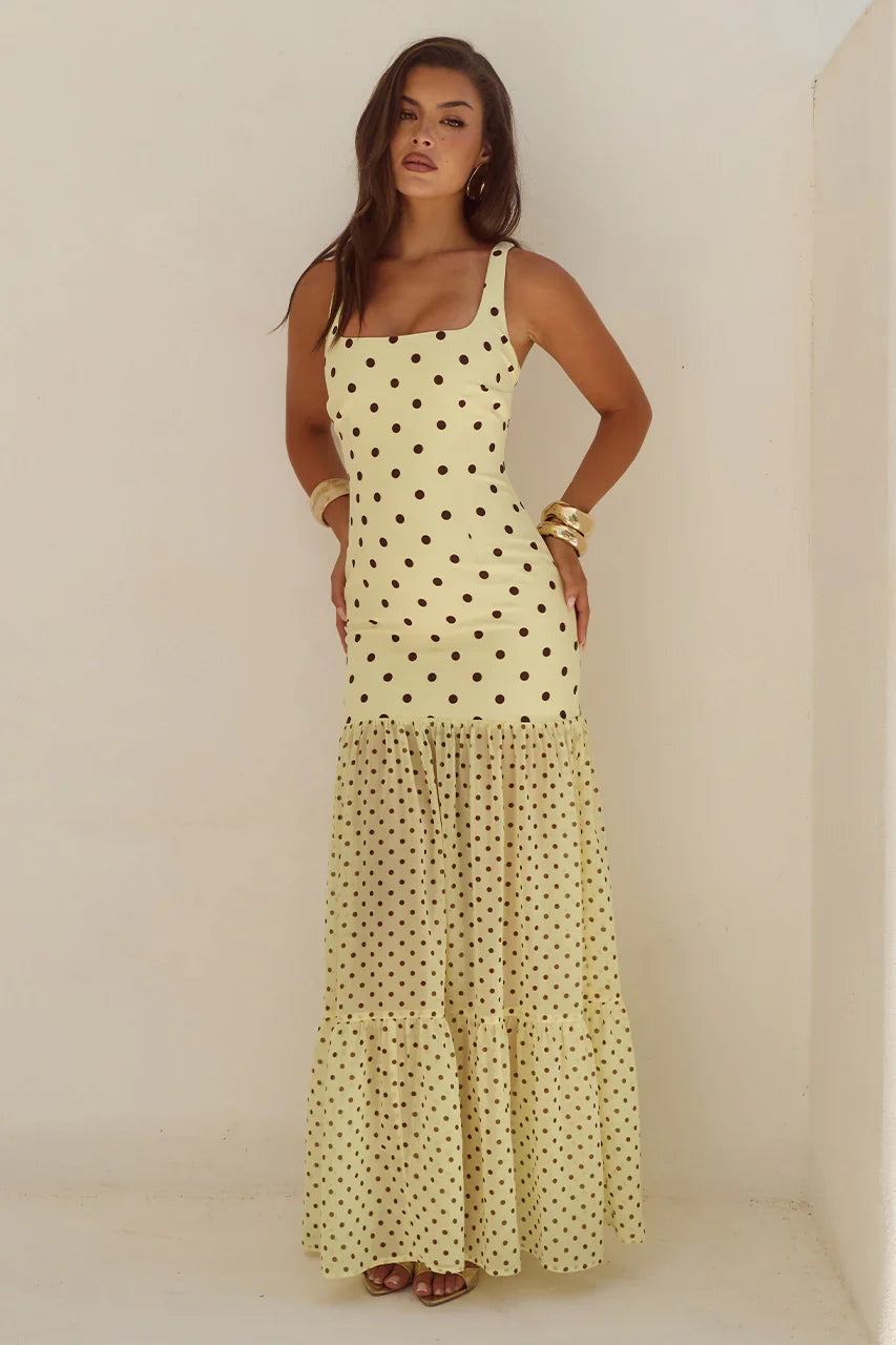 Tillie Sheer Bottom Maxi Dress Lemon Choc Polka