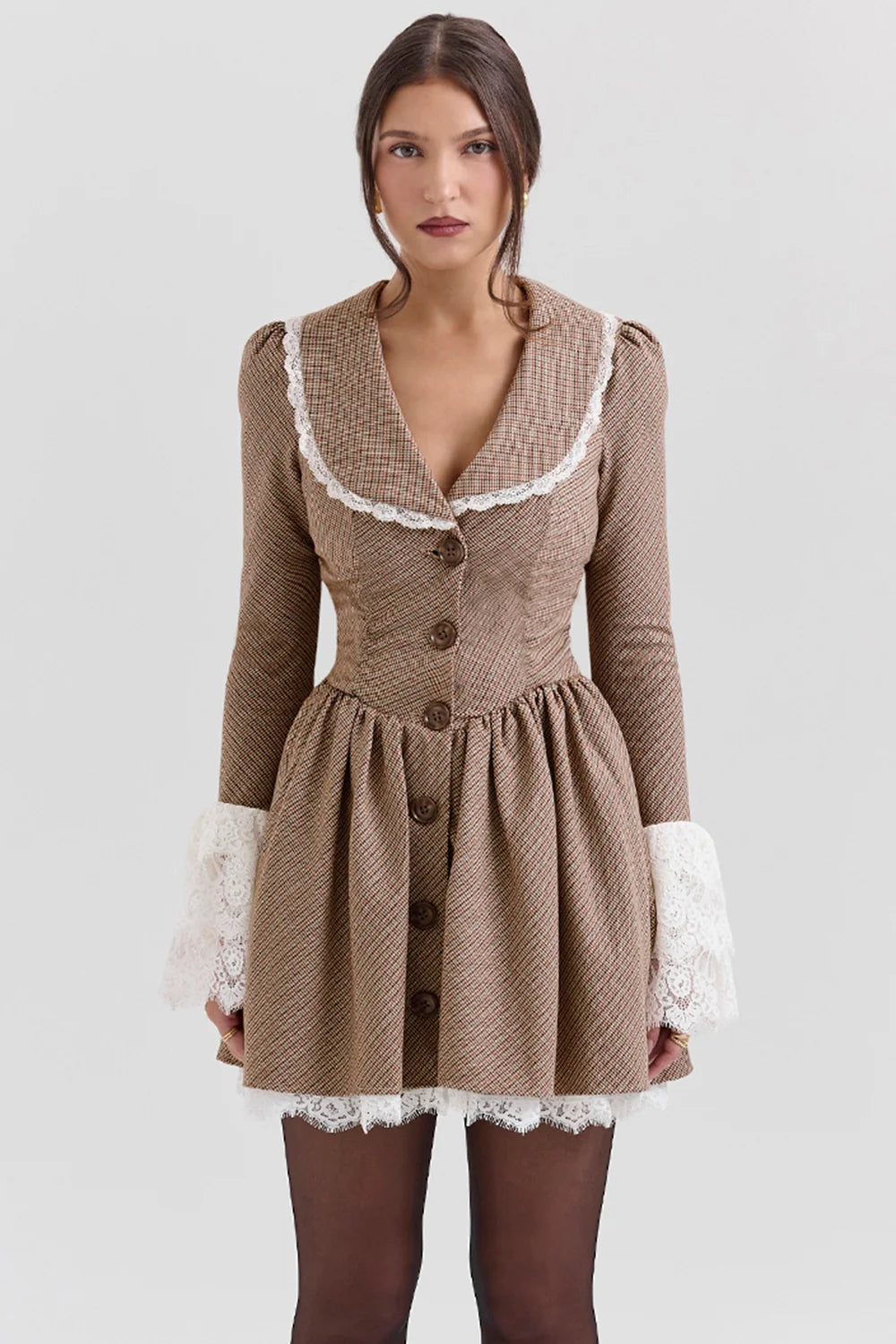 Brown Puppytooth Check Mini Dress Sale