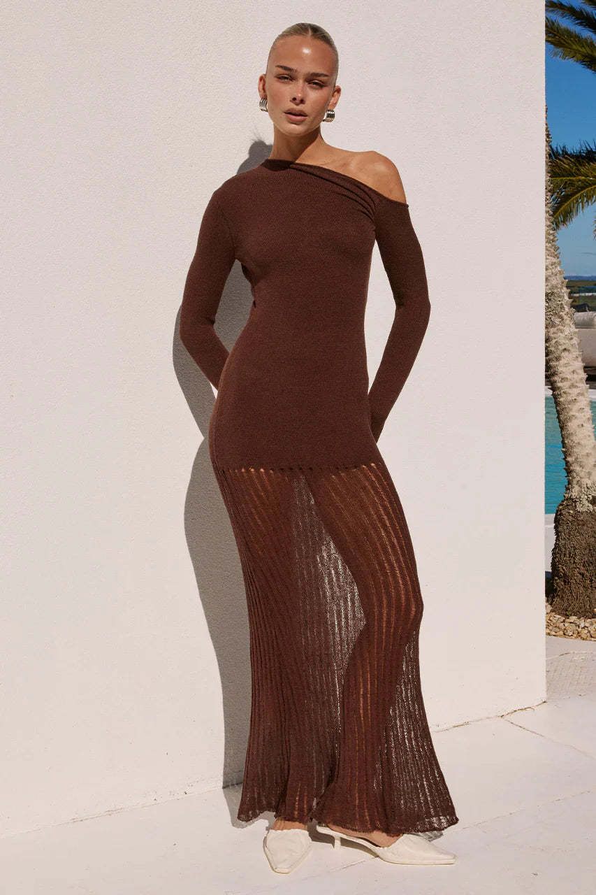 Greta One Shoulder Knit Maxi Dress Chocolate