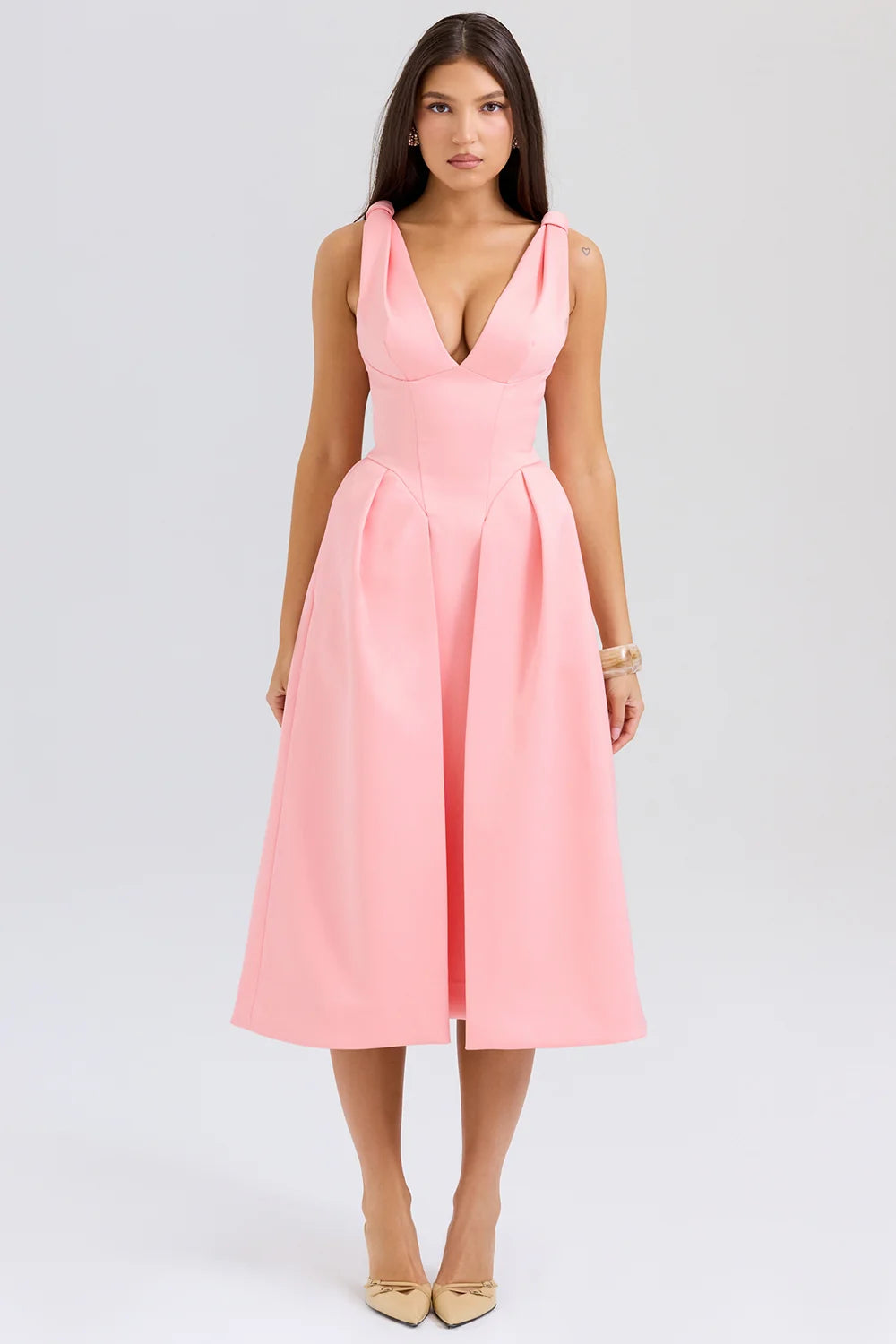 Peach Satin Pleated Midi Dress Sale