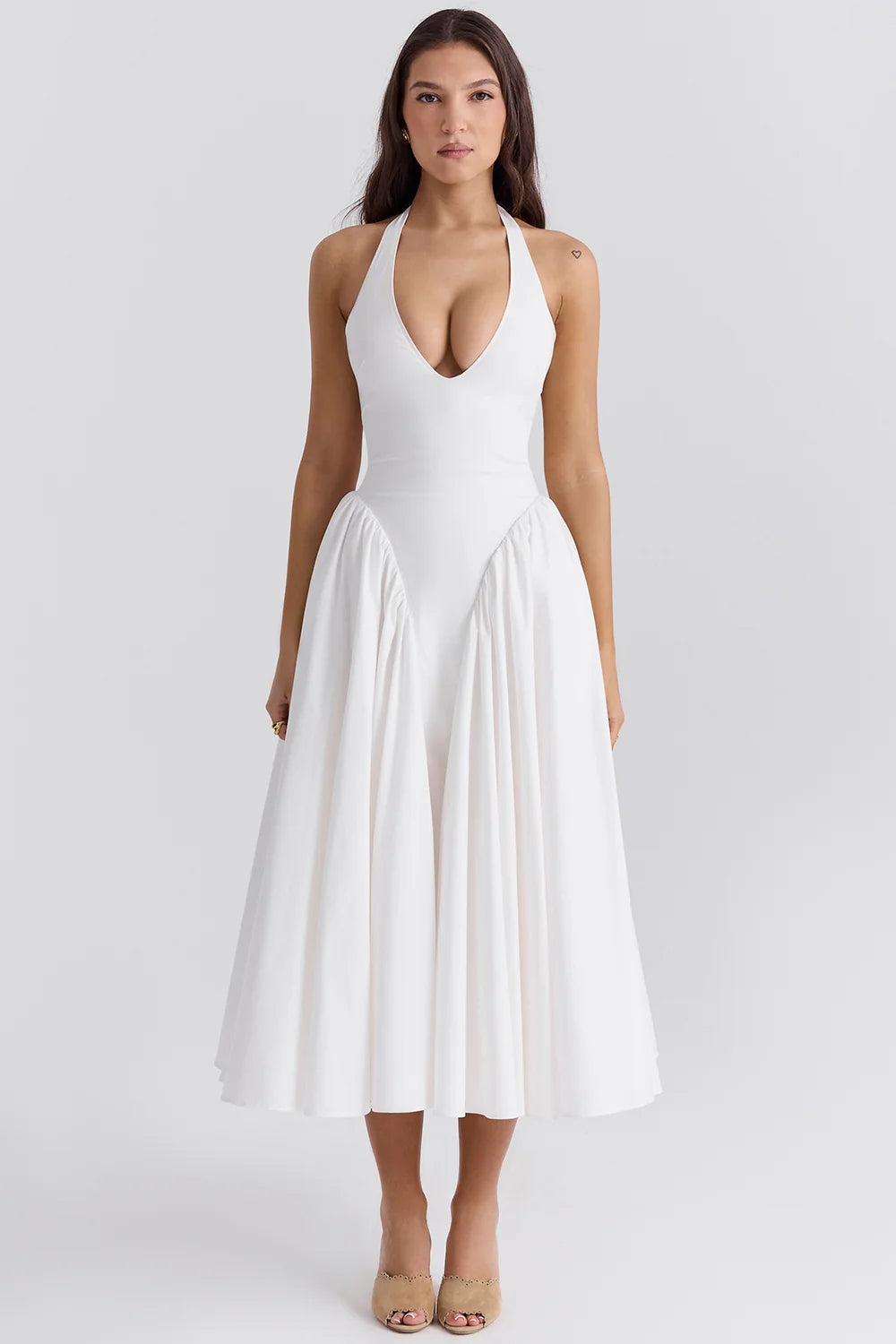 White Cotton Halter Midi Sundress 94082