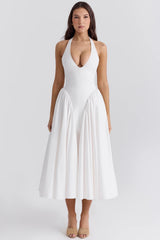White Cotton Halter Midi Sundress 94082