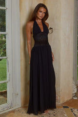 Fernanda Plunge Halter Maxi Dress Black