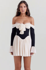 Black Cream Off Shoulder Dress
