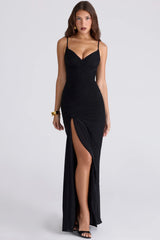 Black Stretch Mesh Draped Maxi Dress