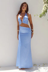Lumia Halter Cutout Maxi Dress Periwinkle Lemon Polka