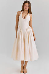 Ecru Stretch Cotton Midi Sundress