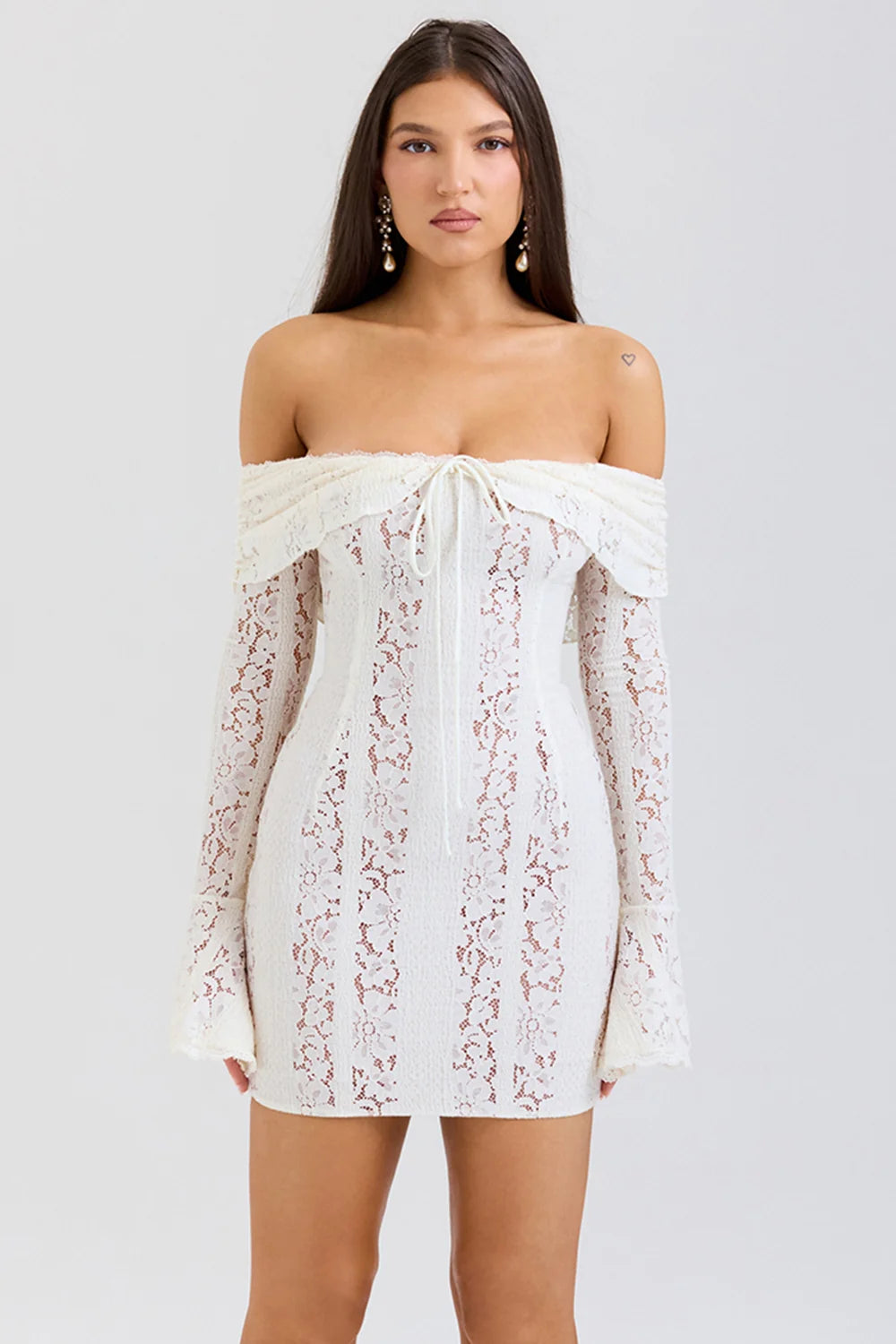 Vintage Cream Floral Lace Off Shoulder Mini Dress