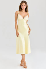 Butter Yellow Satin Bias Cut Midi Dress