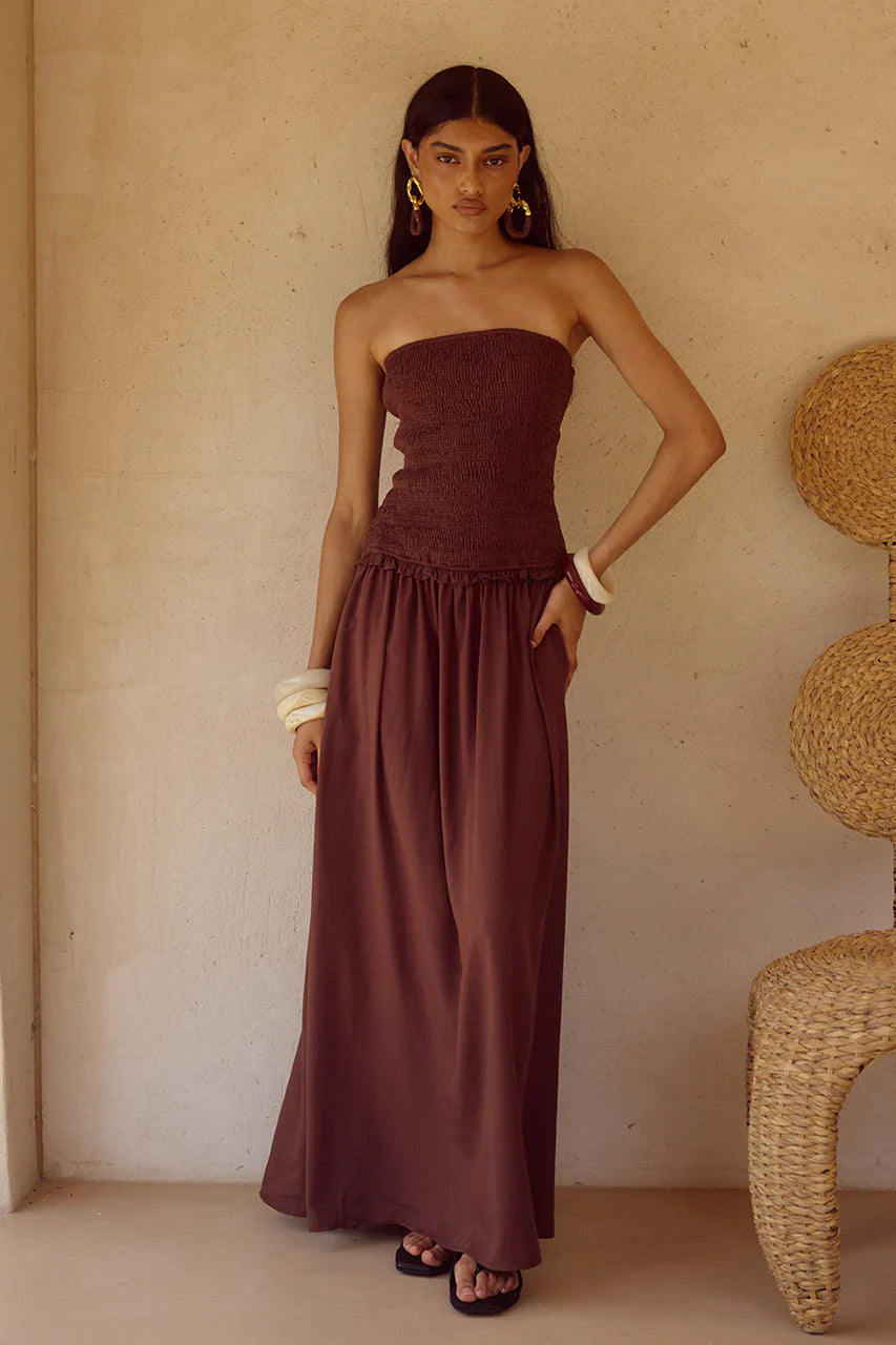 Fleur Shirred Straplesss Maxi Dress Chocolate