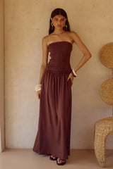 Fleur Shirred Straplesss Maxi Dress Chocolate