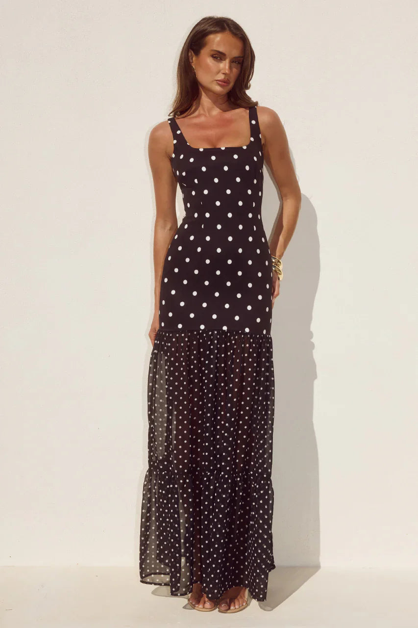 Tillie Sheer Bottom Maxi Dress Black White Polka