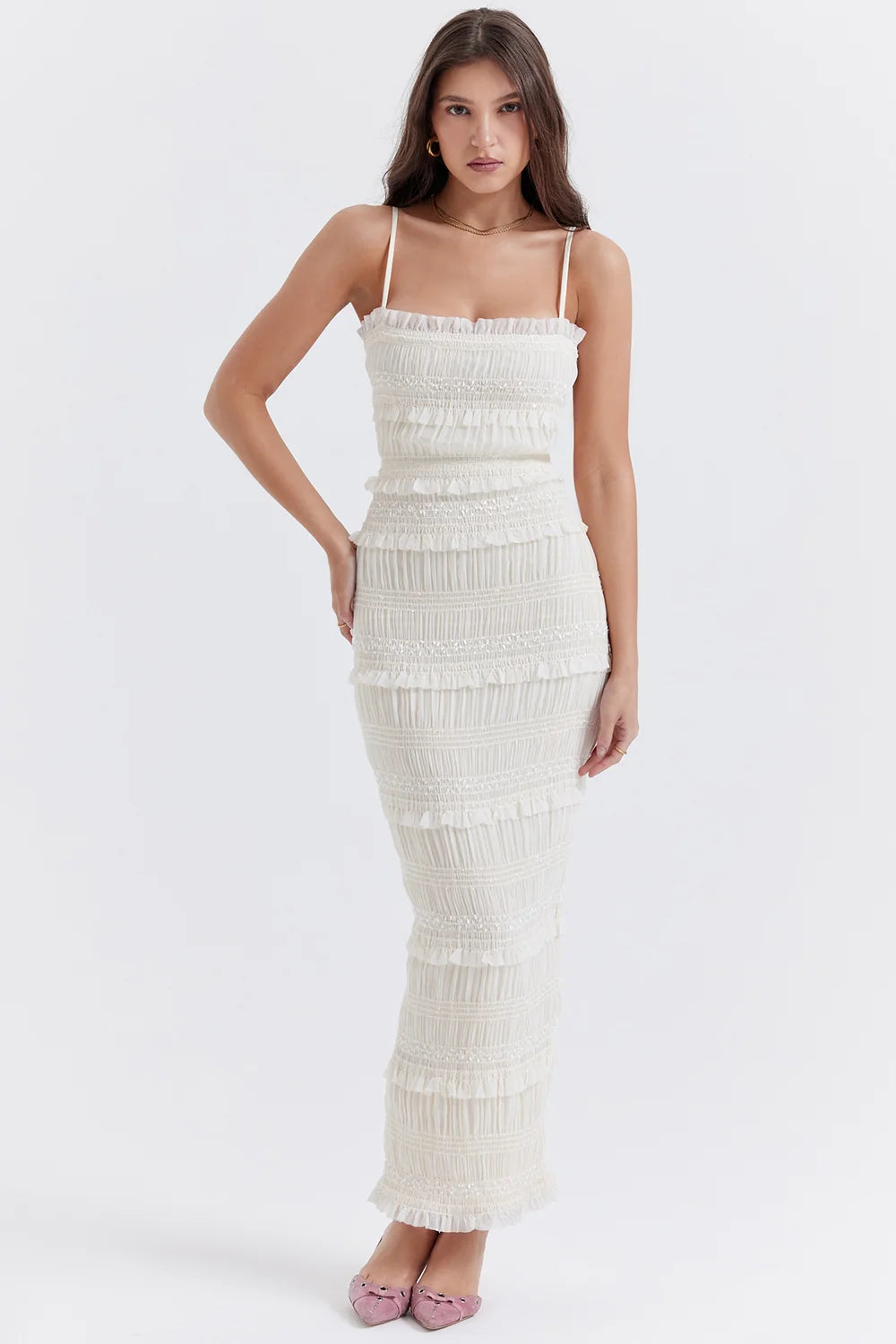Ivory Sequin Pleat Maxi Dress 77776