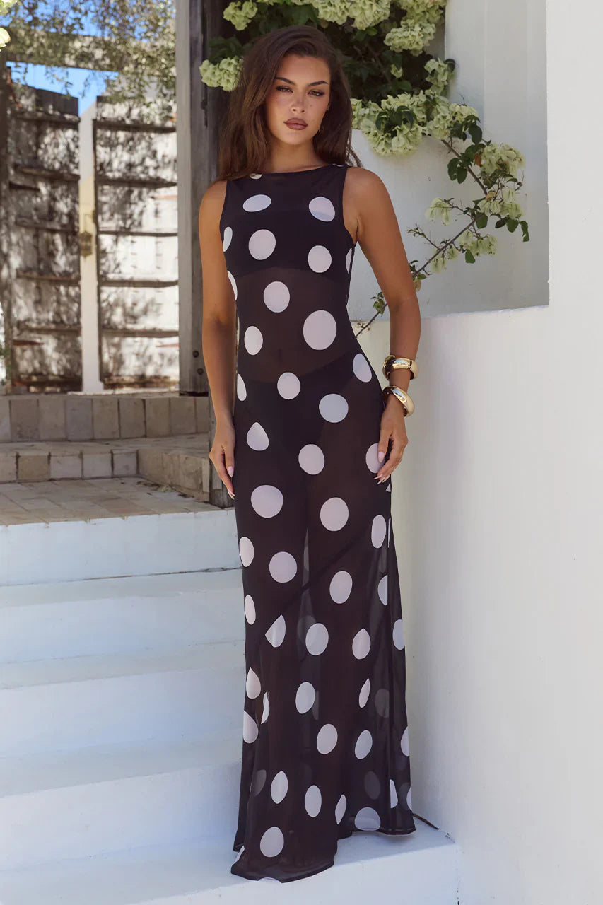Tera High Neck Maxi Dress Black White Polka
