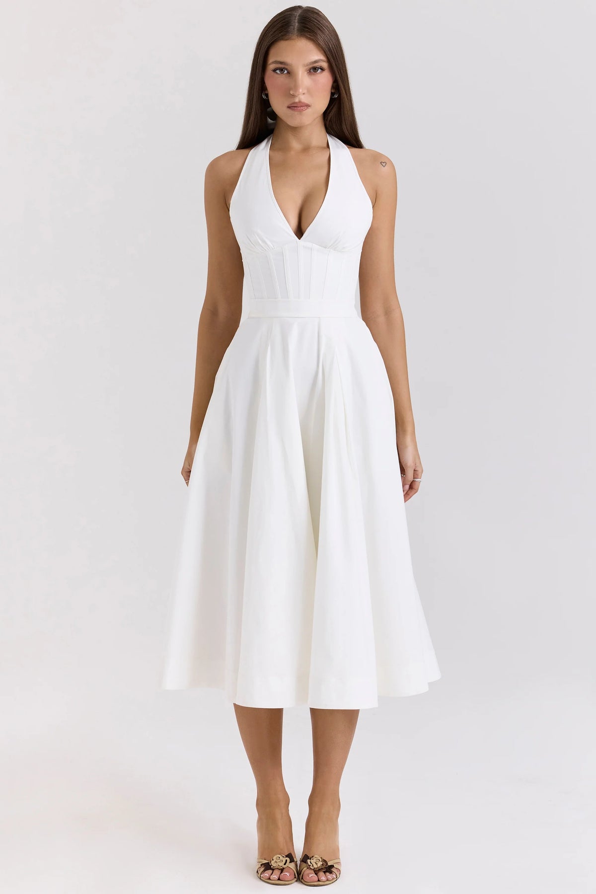 White Stretch Cotton Halter Midi Sundress 74821
