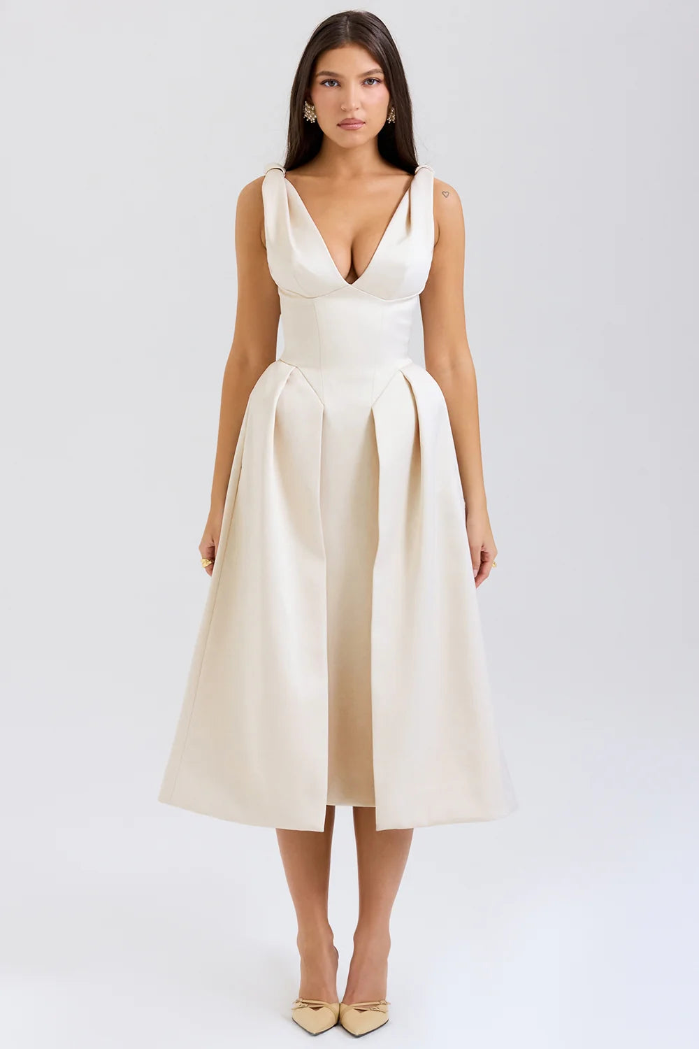 Vintage Cream Satin Pleated Midi Dress Sale
