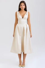 Vintage Cream Satin Pleated Midi Dress Sale