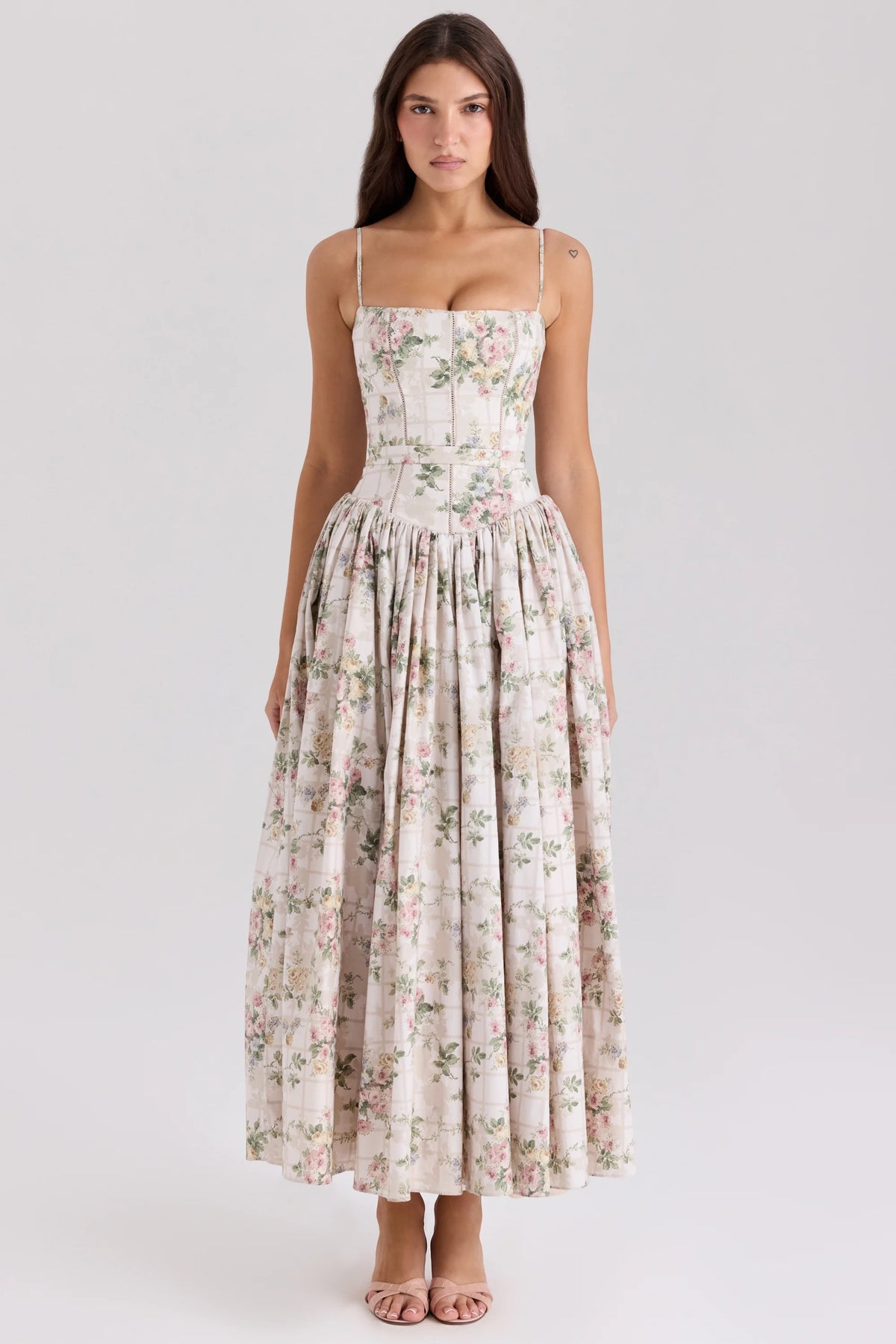 Cream Floral Print Cotton Midi Sundress