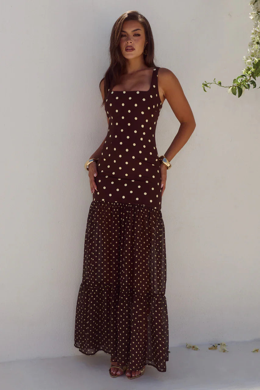 Tillie Sheer Bottom Maxi Dress Choc Lemon Polka