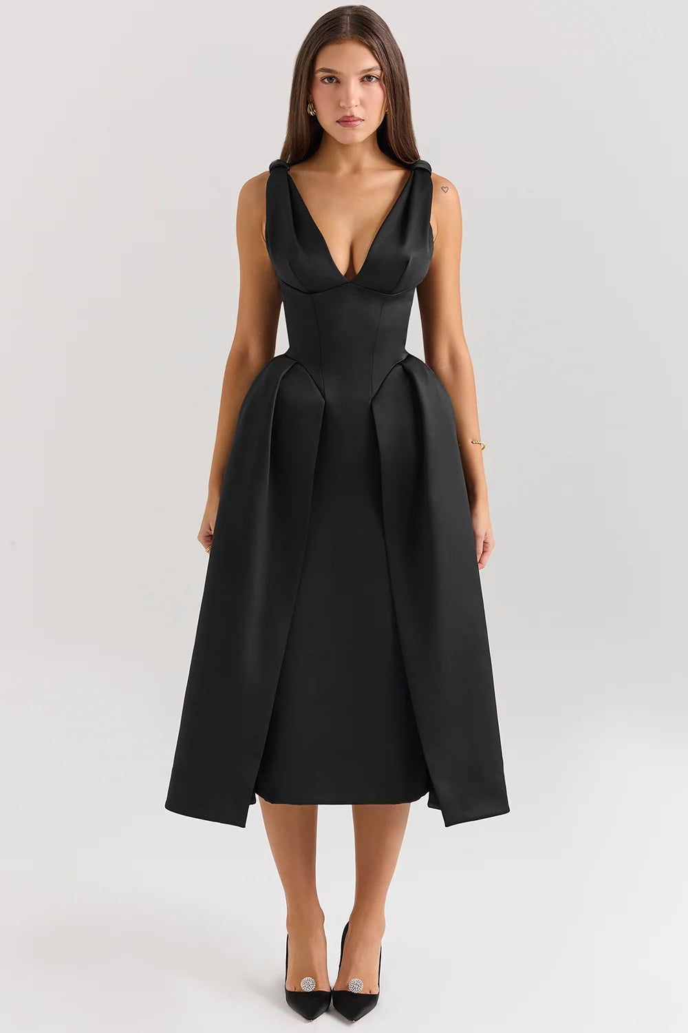 Black Satin Twist Strap Midi Dress Sale