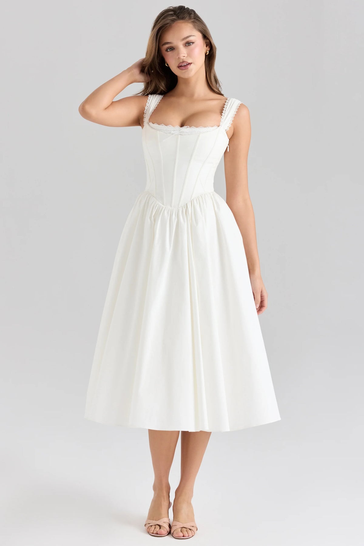 White Stretch Cotton Corset Midi Dress 76232